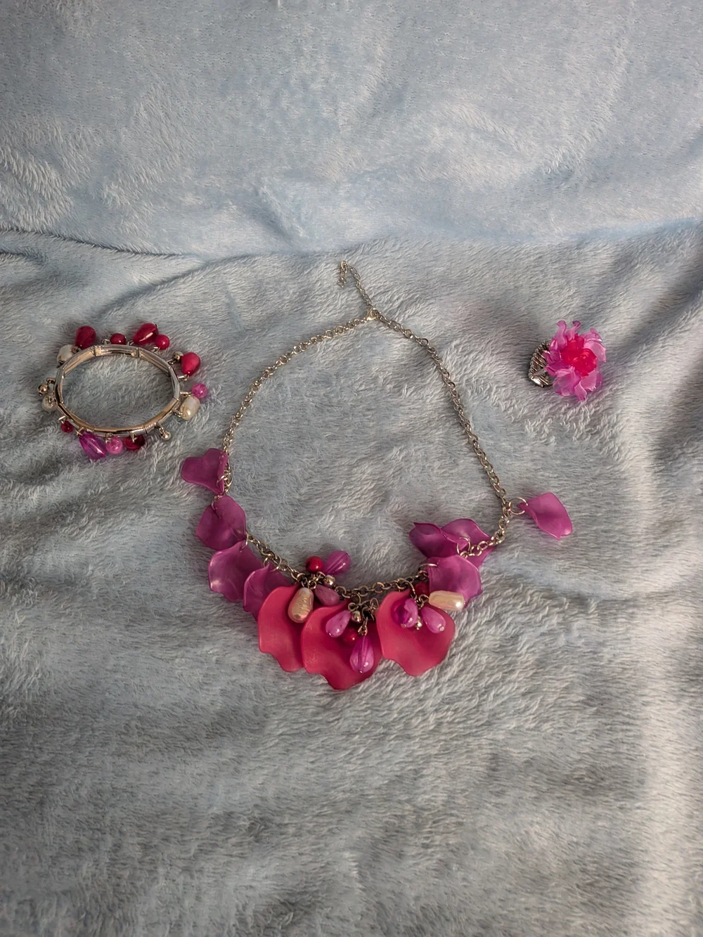 Pink Floral Petal Statement Necklace and Matching Jewelry Set